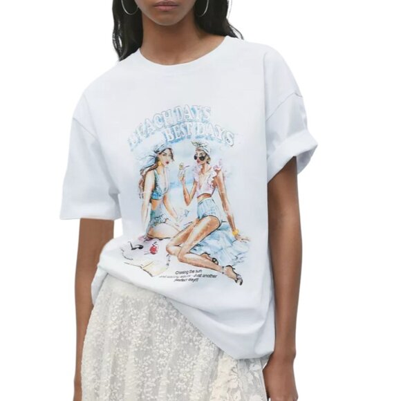 ZARA NWT RETRO RESORT  VSCO CLEAN GIRL FRENCH GIRL GRAPHIC TEE BEACH DAYS Medium - Picture 1 of 6